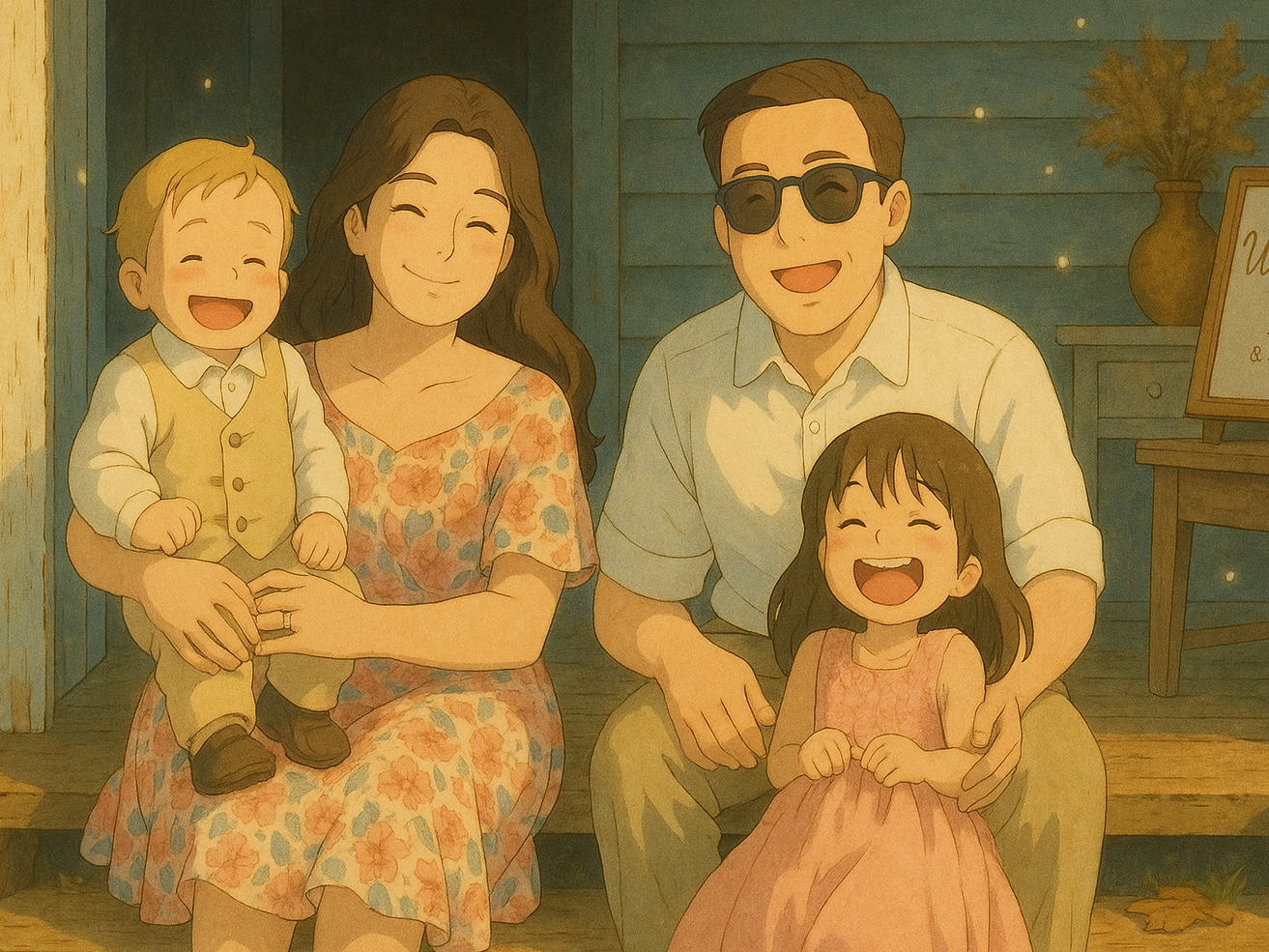 studio gibli style art of a family